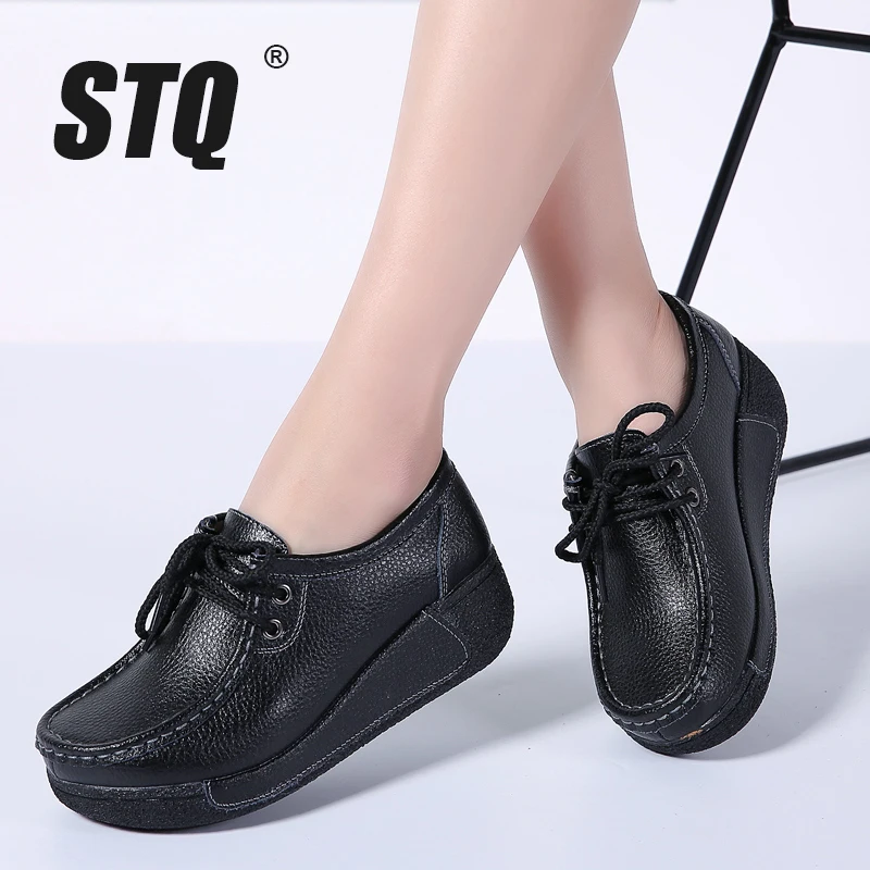 

STQ 2019 Autumn women platform sneakers shoes ladies genuine leather lace up flats women thick heel platform flats shoes 691