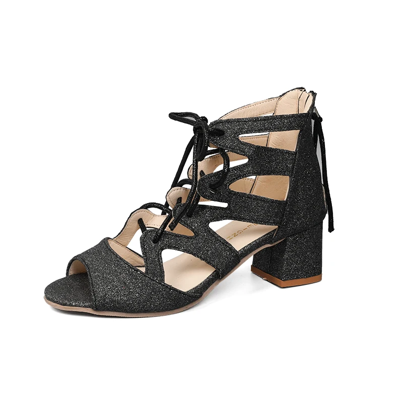 

Fashion 2019 Women Sandals Black Bling High Heels Summer Square Heels Women Shoes Large Size 43 Sandals Open Toe Causal Sandlas