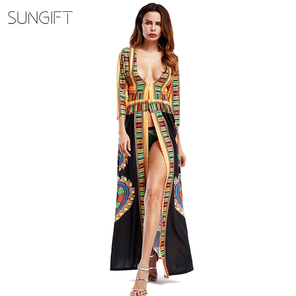 SUNGIFT Африканское стильное платье для женщин Дашики женские сексуальные глубокий v-образный вырез с высоким разрезом Африканские Этнические длинные макси платья клубная одежда - Цвет: Black