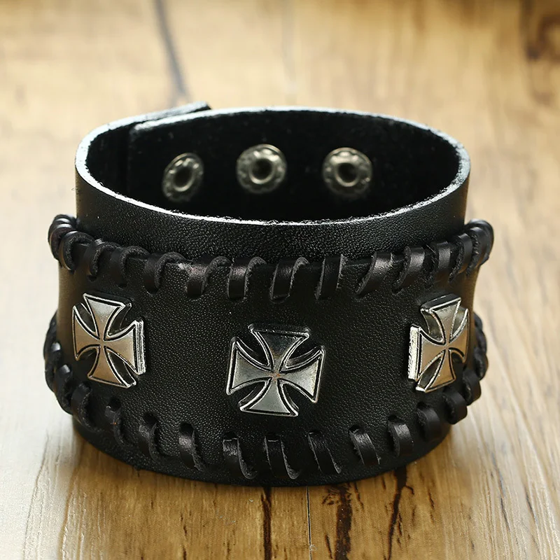 Men’s Trendy Rock and Biker Leather Bracelet Triple Iron Cross