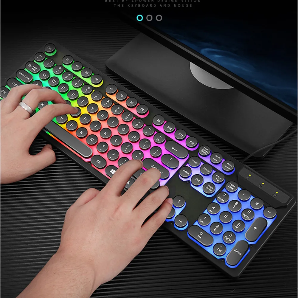 

LED Rainbow Color Backlight Gaming Game USB Wired Punk Keyboard Mouse Set Mult button,Comfortable touch,