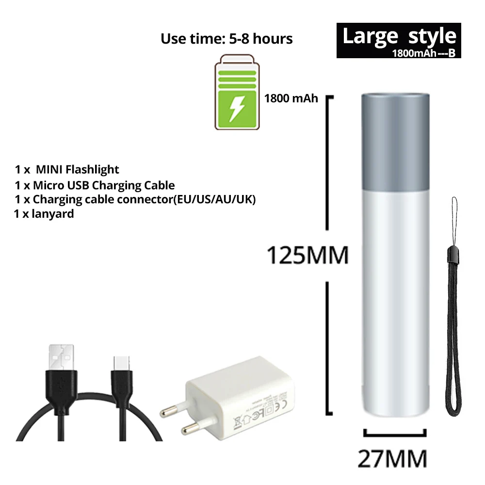 Big style-1800mAh-B USB Перезаряжаемый простой Креативный светодиодный фонарик из алюминиевого сплава, 3 режима освещения, расстояние освещения 200 метров - Испускаемый цвет: Big style-1800mAh-B