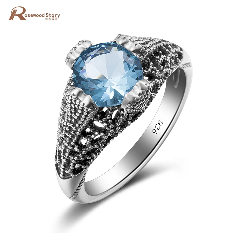 

Vampire Diaries Damon Ring Hollow Out Round Cut Sky Blue Crystal Punk Vintage Real 925 Sterling Silver Rings For Women Wedding