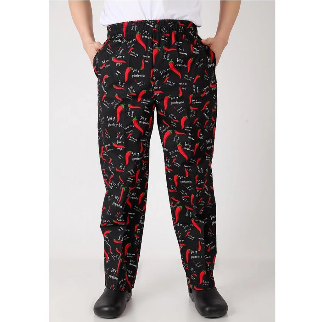 Chef Trousers Food Service Checked Food Printed Pants Elastic Peppers Restaurant Kitchen Pants Bakery  Work Wear Uniform Cook