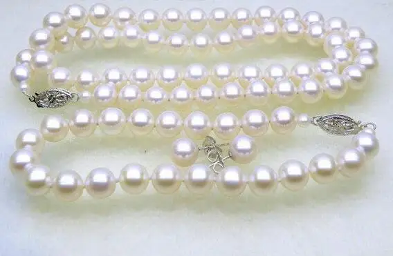 

Free Shipping >>>>>7.5-8mm AAA+ round white akoya pearl necklace bracelet earring set 14kt gold