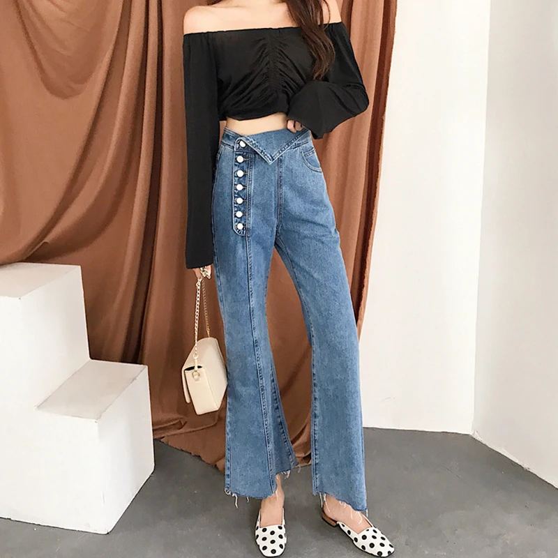 

Autumn Vintage Bell Bottoms Jeans High Waisted Flare Jeans For Women Irregular Side Breasted Button Ankle Denim Pants Petite