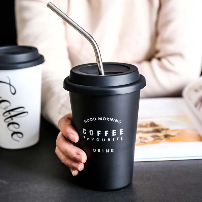 

Black White Stainless Steel Silicone Mugs Hand Cup With Straw Lid Mug Tea Milk Cups Home Office School Creative Nordic Gift 1PCS