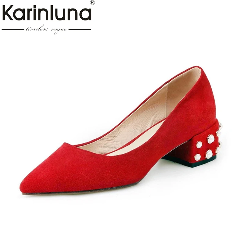 

Karinluna 2018 Spring Autumn Elegant Beading Natural Kid Suede Pumps Sexy Pointed Toe Shallow Shoes Woman Big Size Low Heels