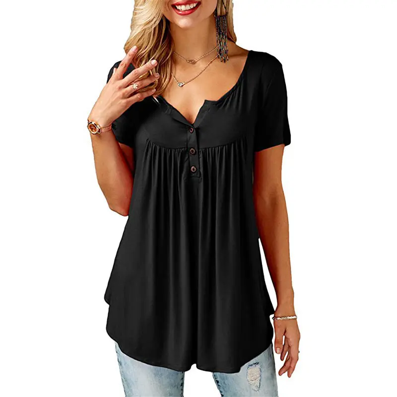 Women'S Summer Casual Short Sleeve T-Shirts Ruffle Button Up Split Neck Blouse Tunic Top Female 2018 Fashion Solid Loose Tees (2)