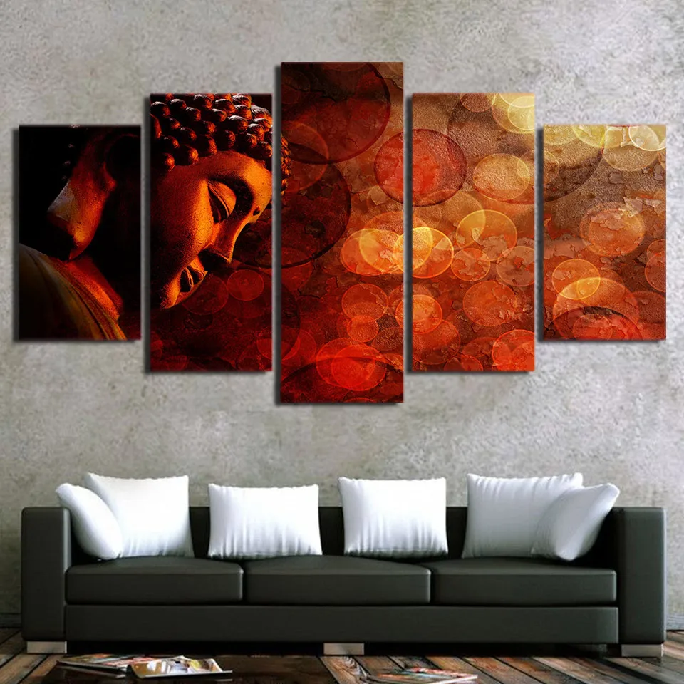 

Home Decor For Living Room 5 PiecesPcs Buddha Painting Red Psychedelic Art Poster Printed On Canvas Wall Modular Picture