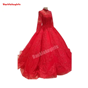 

2018 Red Long Sleeve Elegant Wedding Dresses High Collar Red Appliqued Lace Fluffy Ball Gown Ball Gown Vestido De Novia