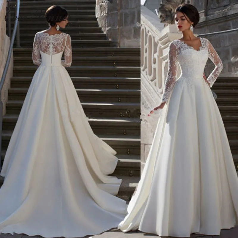 

European Style V Neck Long Sleeve Lace Appliques Plus Size Wedding Dress 2019 A line Satin bridal dress wedding gowns W0040
