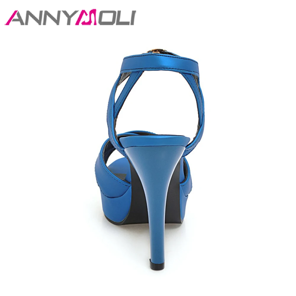 ANNYMOLI женские босоножки обувь на платформе с высоким каблуком открытый носок дамские туфли на шпильке для вечеринки; синего цвета; летняя Мода Большой Размеры, большие размеры: 33-46