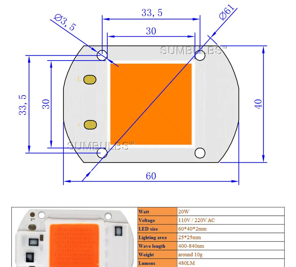 SUMBULBS светодиодный светильник для выращивания, чип, полный спектр входных сигналов, 110 В, 220 В переменного тока, 20 Вт, 30 Вт, 50 Вт, для выращивания растений в помещении, лампа для выращивания и цветения