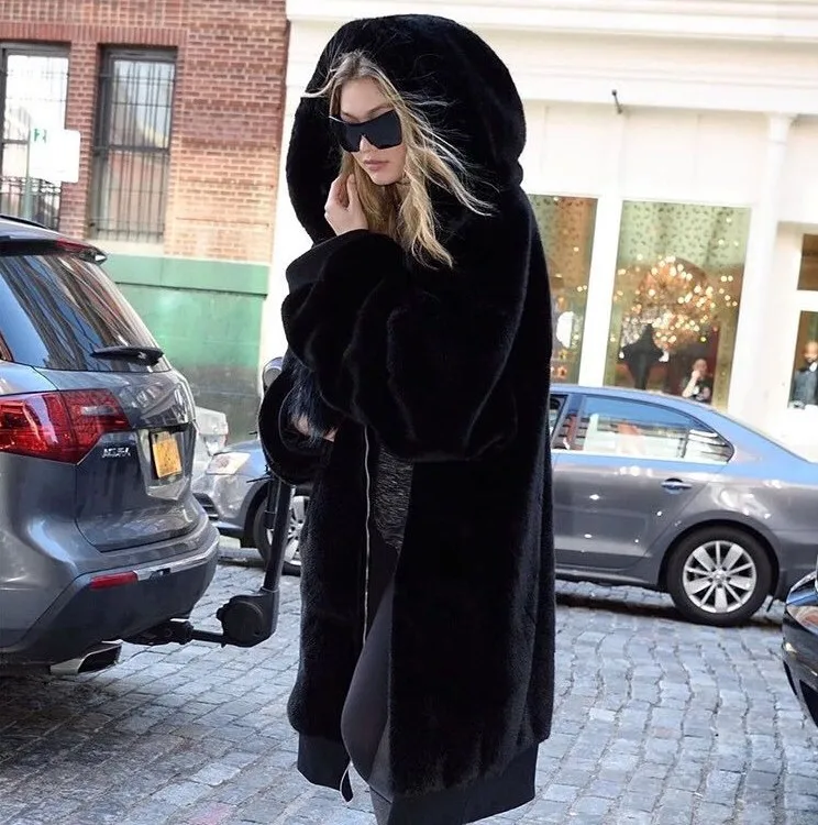 CamKemsey, новинка, элегантное серое длинное зимнее пальто из искусственного меха, женское осеннее повседневное пальто с карманами, большие размеры, толстые теплые плюшевые меховые пальто с капюшоном - Цвет: Black