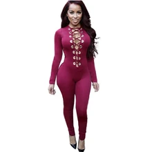 

Women Long Jumpsuits Sexy Deep V-Neck Lace Up 2017 Autumn Long Sleeve Solid Bodycon Fitness Clubwear Party Romper Jumpsuit