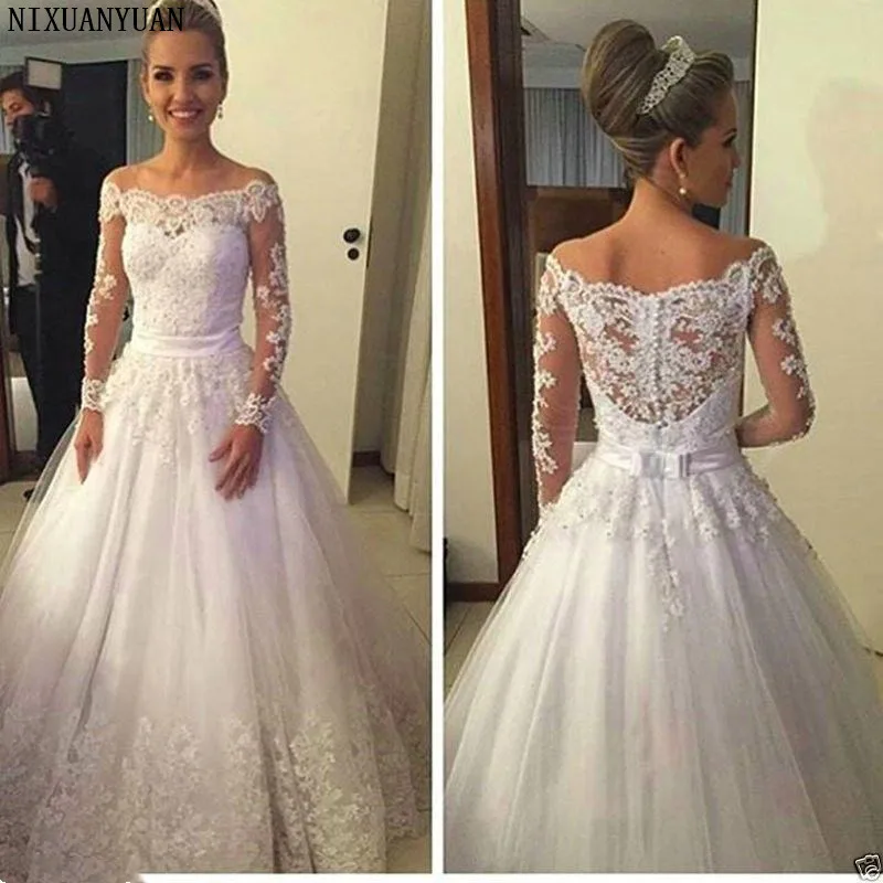 

2019 Boat Neck Vestido De Noiva Zipper Button Applique Long Sleeve Lace Wedding Dress Off The Shoulder Wedding Gown