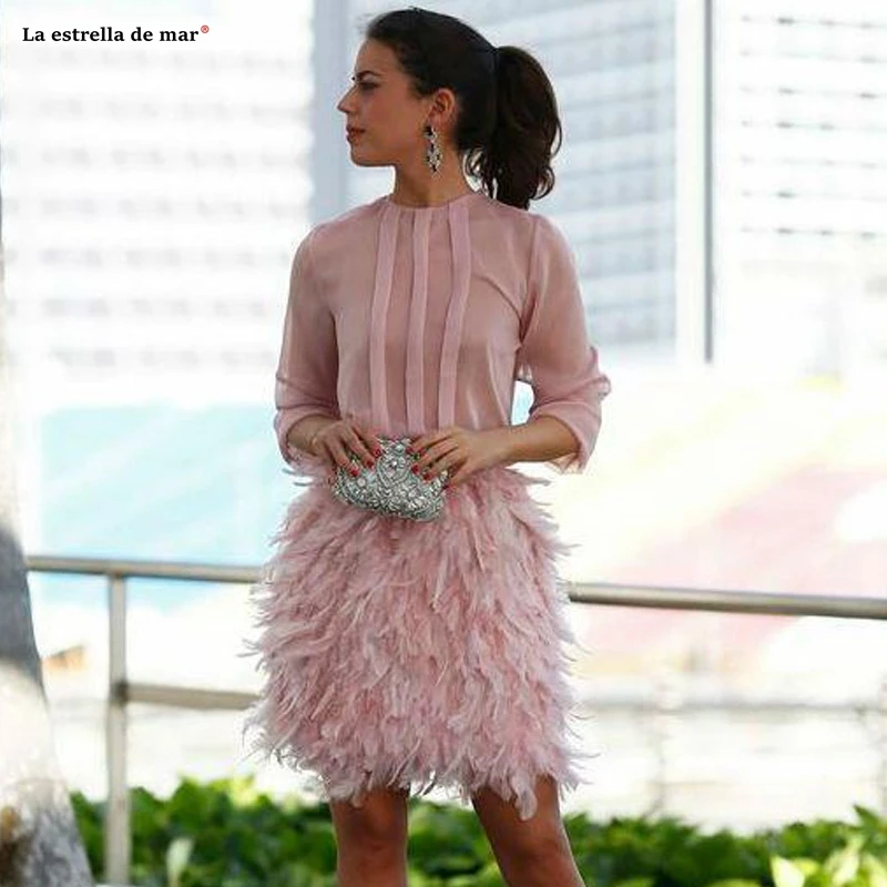 

Vestido cocktail2019 new Scoop neck lace chiffon feather long sleeve A Line pink cocktail dresses Knee-Length robe cocktail