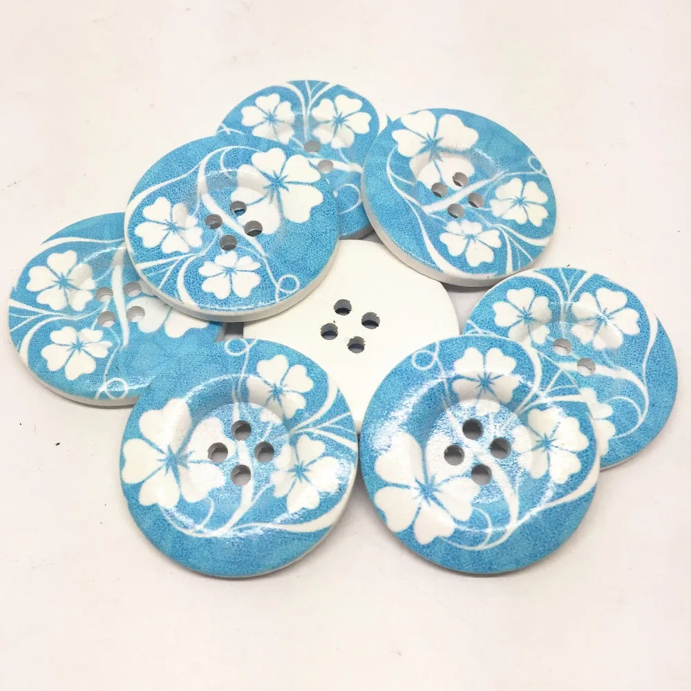 40 шт 30 мм 3 см большие деревянные пуговицы синие цветы 4 отверстия Круглые цветочные DIY шитье украшений ремесла