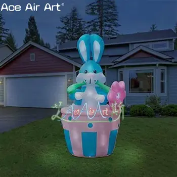 

easter lighting rabbit yard decoration,white lighting inflatable blue bunny rabbit with Easterlily flower