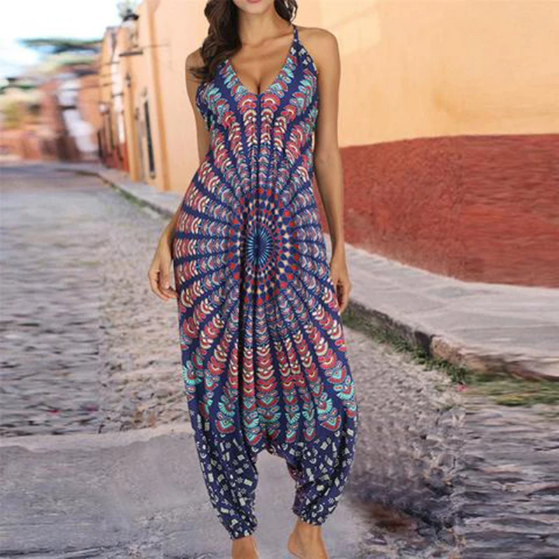 

Women's hip jumpsuit Sexy Halter Sling Print Bib Pants Irregular Loose Wide Leg Overalls fashion lady print pants beach romper