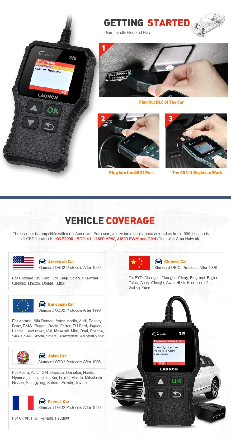 Launch CReader 319 OBD2 сканер автоматический считыватель кодов неисправностей автомобильный OBDII Автомобильный OBD 2 сканер кода чтение PK CReader 3001 CR3001 AD310