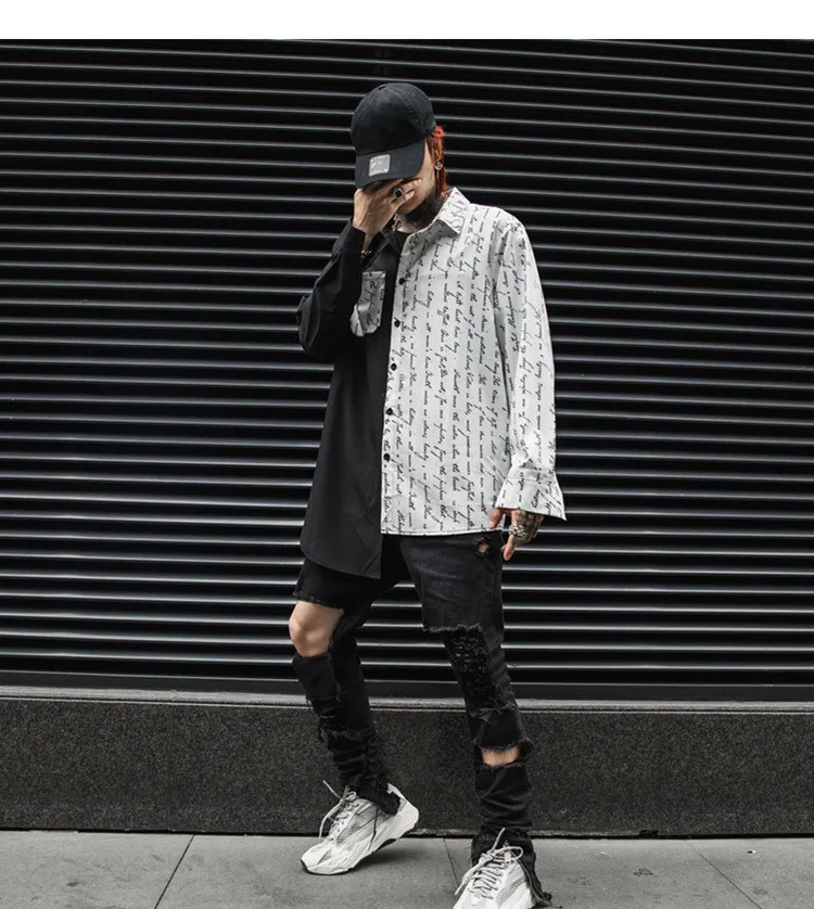 Asymmetric design punk rock hip hop men long shirt Korean fashion printed vintage shirts man harajuku casual blouse streetwear