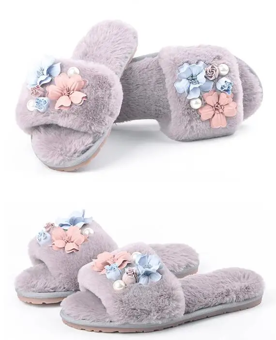 hot sale fur Home Slippers Cotton slippers Winter Woman Slip on Flats Female plush Flops Faux Fur Warm Shoes Bow decor dd065