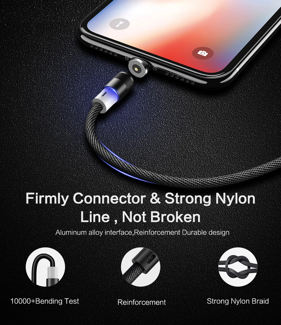 FLOVEME LED Magnetic Cable For Apple iPhone X 7 6 Micro USB Type-C Cable For Samsung Xiaomi Magnet Charger 1M Nylon Cabo USB C