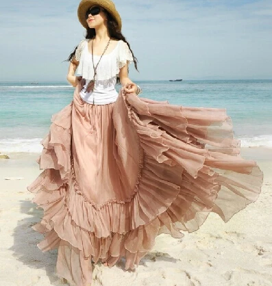 

2019 summer female expansion bottom cake bohemian skirts,plus size chiffon ruffles long sexy skirts, party skirts