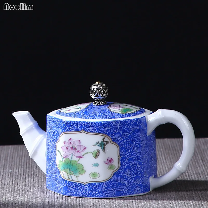 

NOOLIM Hand-painted Bird and Lotus 280ml Ceramic Teapot Kettle Kung Fu Tea Set Blue and White Ceramic Tea Pet Accessories