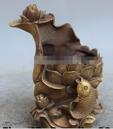 

B0602 5" Marked Chinese Feng Shui Brass Lotus leaf Fish Brush Pot pencil Holder vase statue