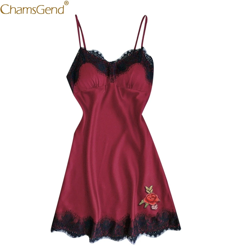 

Chamsgend Sexy Women Lace Night Dress Rose Appliques Satin Sleepwear Pajamas Lady Nightwear Babydolls Robe Mini Dresses 90103