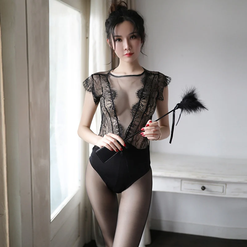 

Lace Bodysuit Sexy Mesh See Through Sleepwear Women Nightdress Lingerie Temptation Nightgown Rompers Open Crotch Underwear Black