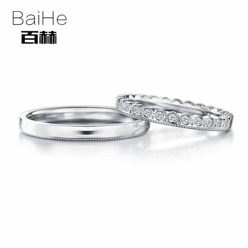 BAIHE, 18 К, белое золото, 0.15CT, сертифицировано H/SI, Круглый,, настоящие натуральные бриллианты, свадебные женские ювелирные изделия, Трендовое кольцо для пары