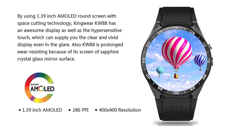 KingWear KW88 Android 5,1 1,39 дюймов Amoled экран 3g Smartwatch телефон 4 ядра 512 Мб оперативная память Гб встроенная gps тяжести сенсор шагомер