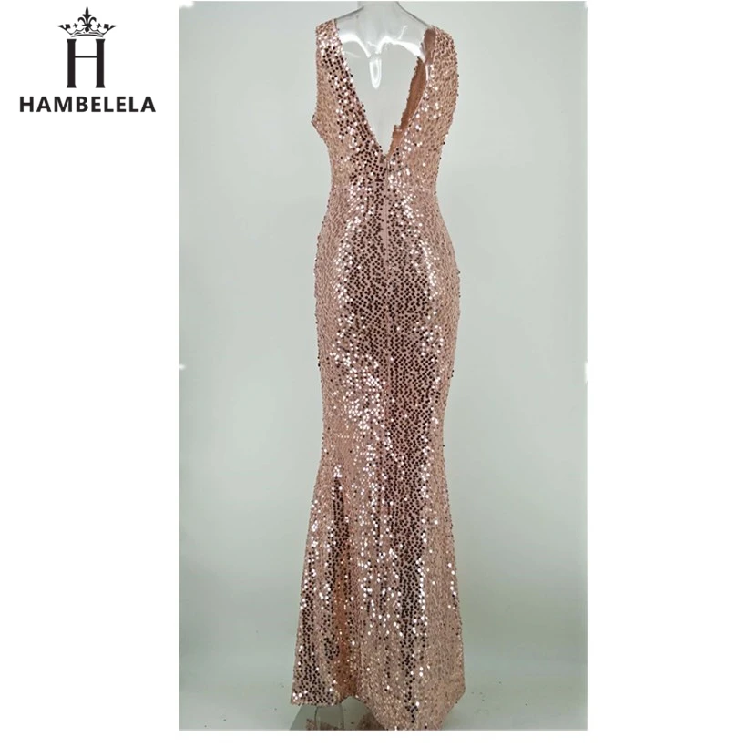 HAMBELELA Summer Shiny Gold Sequin V Neck Maxi Dress Backless Maxi Dress Stretchy Floor Length Evening Party Dress Long Vestsido (4)