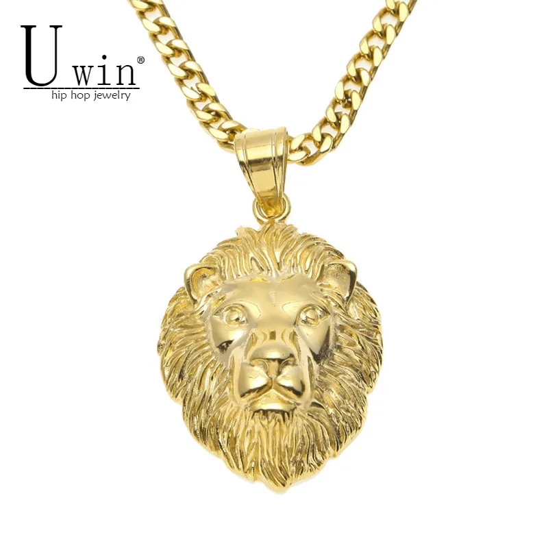 

UWIN Hip hop Men Stainless Steel Lion Head Pendant Necklace Gold Color Punk Animal Pendant 24" Cuban Chain Punk Jewelry
