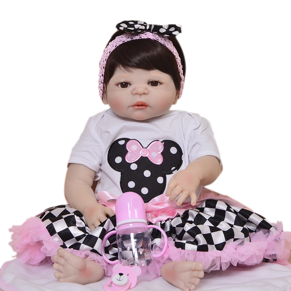 

Lifelike 23'' 57cm Reborn Alive Dolls Full Body Silicone Baby Doll Toy For Children's Day Festival Xmas Gifts Wear Checker Skirt
