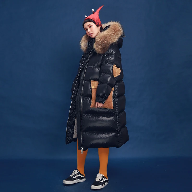

Original Design 2017 large real raccoon fur collar hooded thicken white duck down jacket loose long warm thick winter coat women