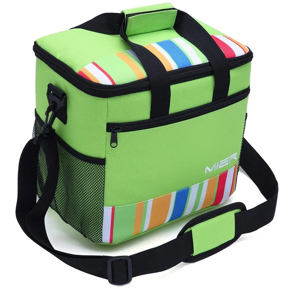 

24-Can Large Cooler Tote Insulated Lunch Bag Green Striped Picnic Bag Work Food Capacity Box