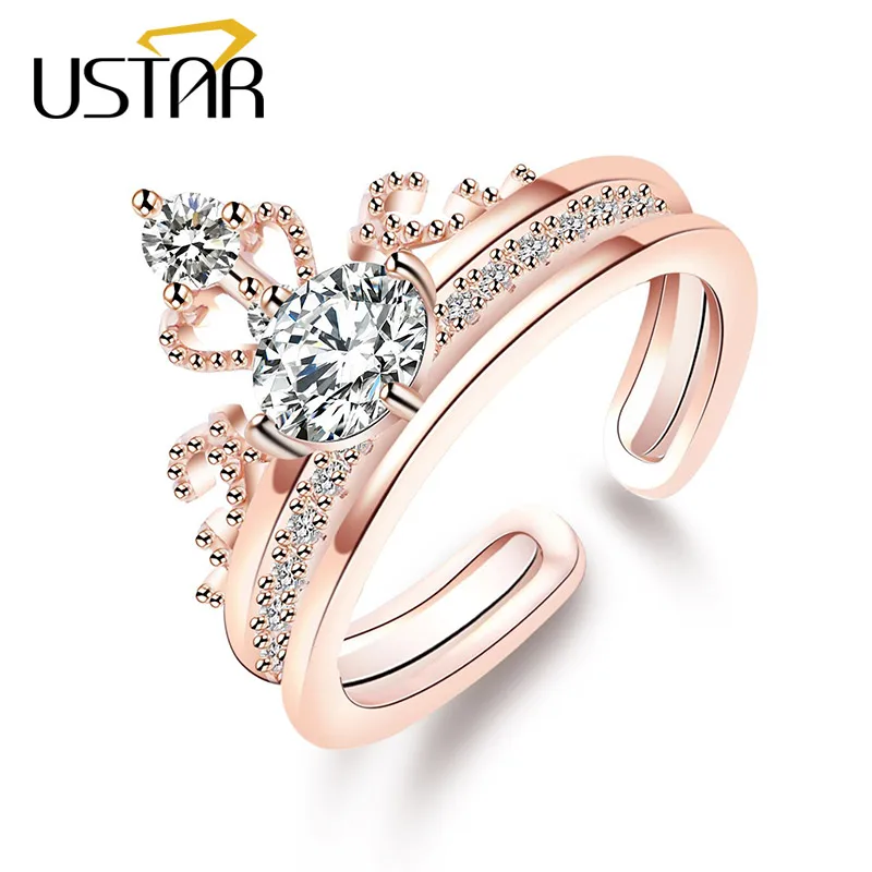 

USTAR AAA Zircon Crown wedding Rings for women engagement finger midi rings female Jewelry Anel Opening adjustable size 2pcs/set