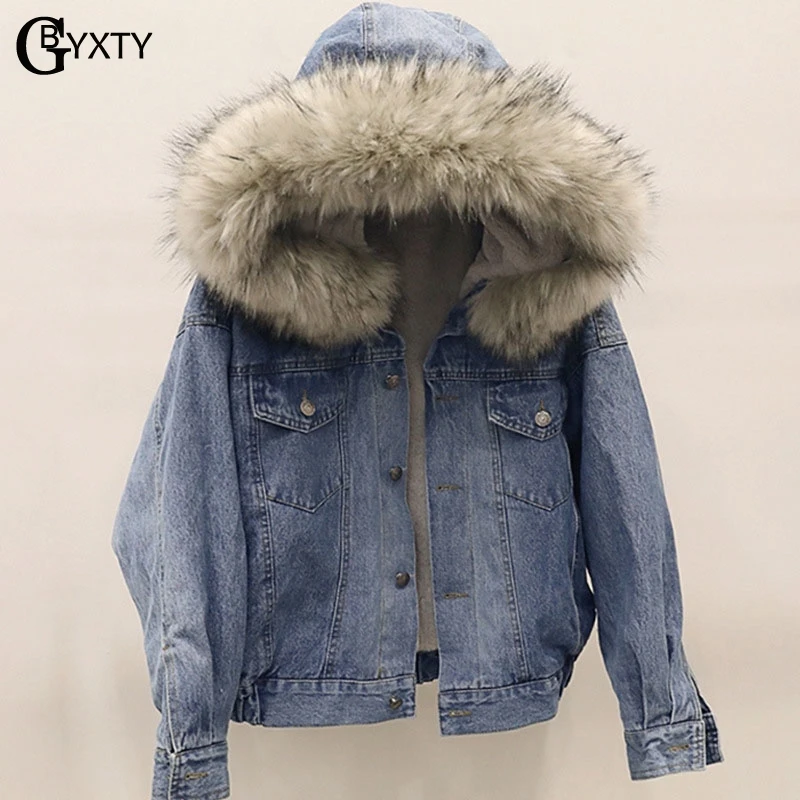 

GBYXTY Women Denim Jacket and Coat Warm Winter Hooded Thick Fleece Jacket Femme Outwear Velvet Faux Fur Jacket Parka ZA1302
