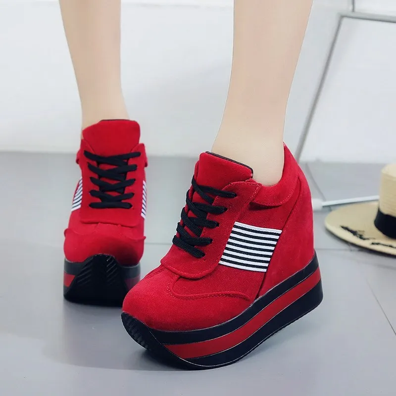 

Womens High Top Hidden Wedge Heels Sneakers Lace Up Casual Sport Shoes Super High Black Red Athletic Korean A93