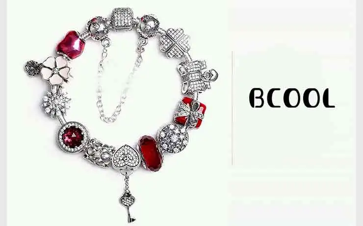 

100%925 Sterling Silver Original 1:1, Fashionable Silver Charm Bracelet, Red Heart Crystal Beads Bracelet Jewelry Gifts