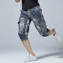 New Summer Men Retro Cargo Denim Shorts Vintage Acid Washed Faded Multi-Pockets Military Style Biker Short Jeans Plus Size 30-40