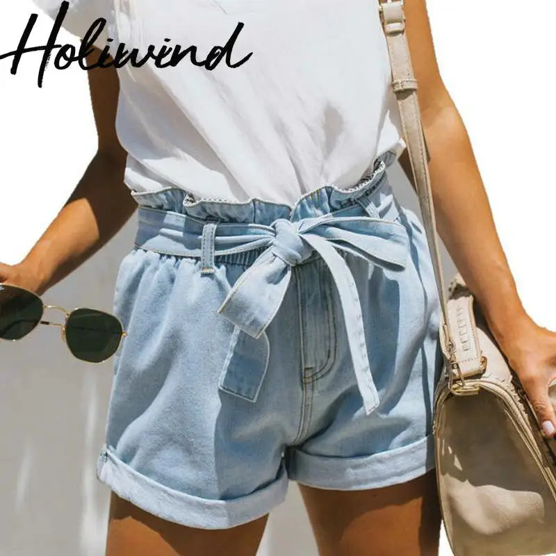 Kaufen 2019 sommer Frauen Denim Shorts Hohe Taille Papier Tasche Jeans Shorts Bogen Belted Lose Kausalen Shorts