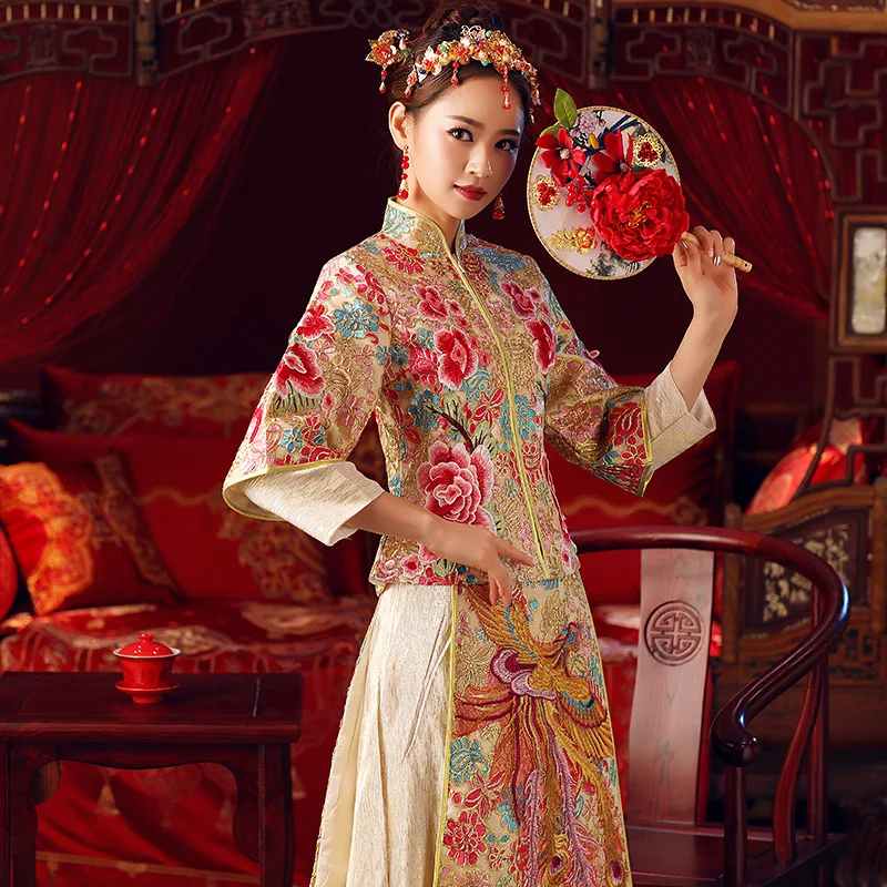 Китайское традиционное вышитое изделие для свадебного платья с драконом Фениксом Новое блестящее платье невесты с большим шлейфом Cheongsam Qipao