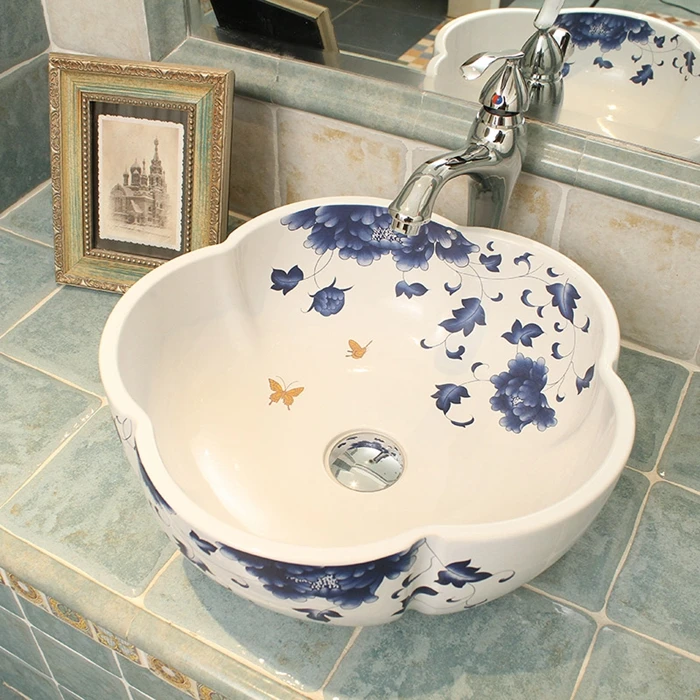 Синяя и белая Горячая продажа фарфоровая чаша в форме цветка для мытья рук