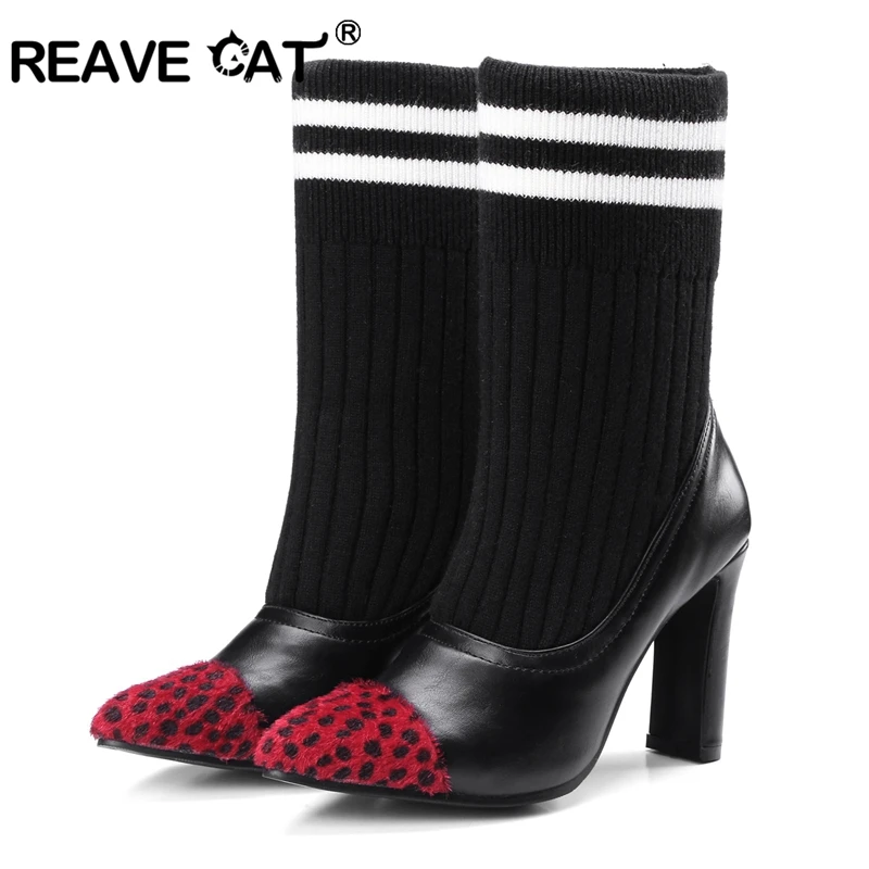 Reave Cat/Новая Дизайн Для женщин Сапоги и ботинки для девочек лоскутное носок Сапоги и ботинки для девочек женская обувь сапоги на высоком каблуке обувь на толстом каблуке пинетки Женские сапоги a517